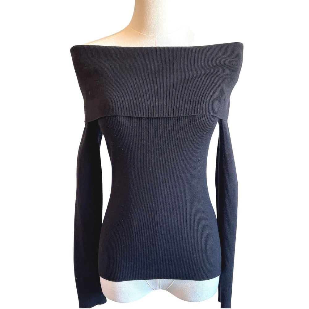 Wilfred Aritzia Off Shoulder Rib Knit Sweater Black Italian Yarn Bardot Top S